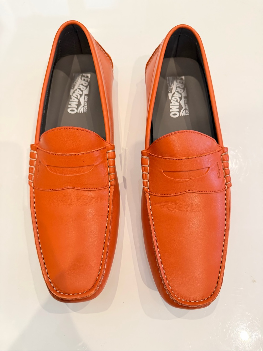 Salvatore Ferragamo Men's Bright Orange Leather Penny Loafers